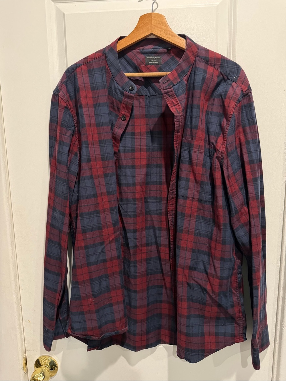 7 Diamonds Red and Navy Plaid Band-Collar Shirt